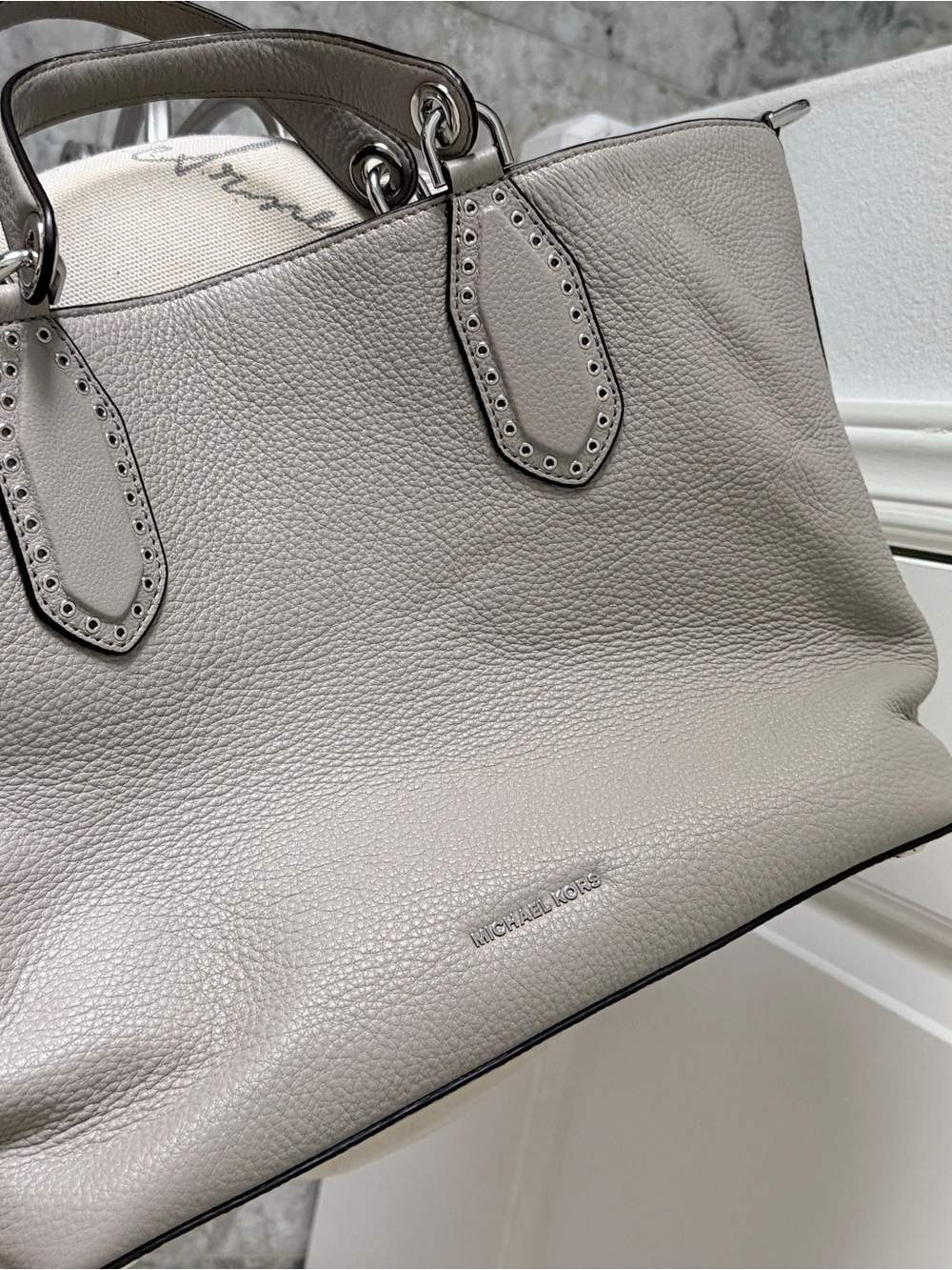 Michael Kors Taupe Pebbled Leather Shoulder Tote - Picture 7 of 13